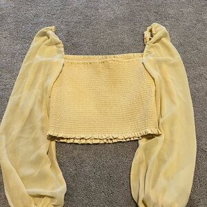 Aritzia Wilfred Yellow Smocked Crop Top with Sheer Puff Sleeves